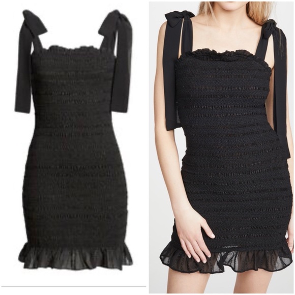 Endless Rose Size S Black Smocked Mini Dress Bow Tie Straps Ruffle Hem NWT